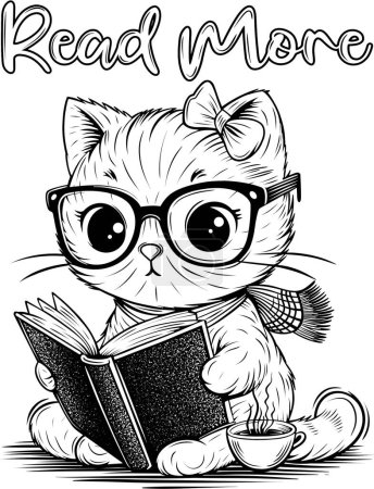 Schwarz-weiße Cartoon-Illustration der niedlichen Katze beim Lesen eines Buches