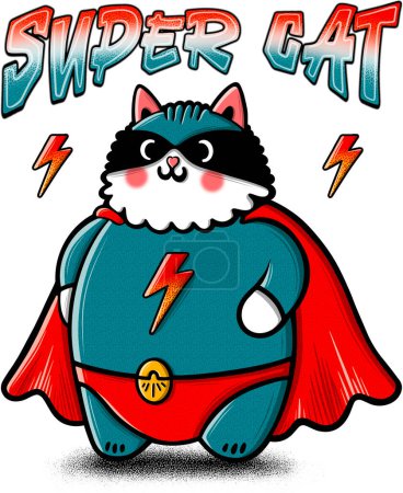 Súper Gato Divertido Ilustración con Capa de Superhéroe, Disfraces y Máscara