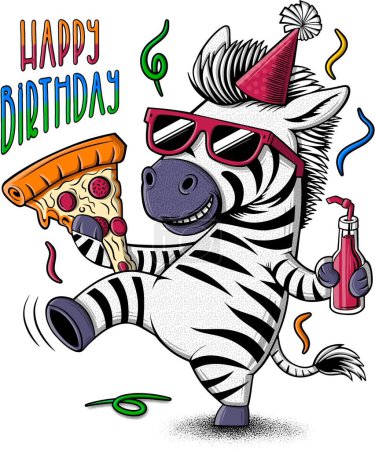 Zebra-Illustration mit Partyhut und Sonnenbrille in der Hand eine Pizza und eine Flasche. Glückwunsch zum Geburtstag Grußkarte oder T-Shirt Druck.