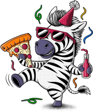Zebra-Illustration mit Partyhut und Sonnenbrille mit Pizza.