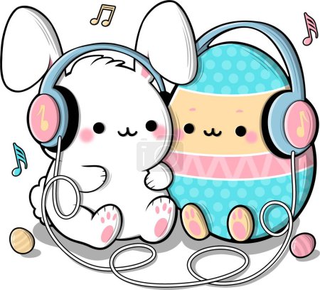 Netter Hase und großes Ei Illustration mit Kopfhörern Musik hören, Beste Freunde Cliparts