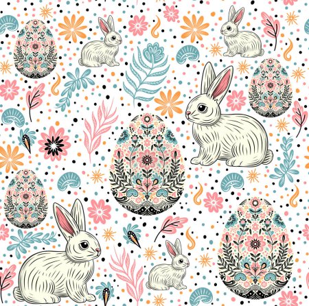 Easter seamless pattern with cute bunnies, eggs and flowers.