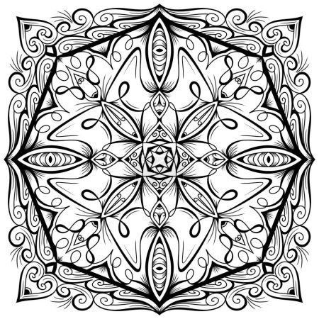 Schwarzes Mandala-Motiv auf weißem Hintergrund, meditieren und spirituellen Mustern.