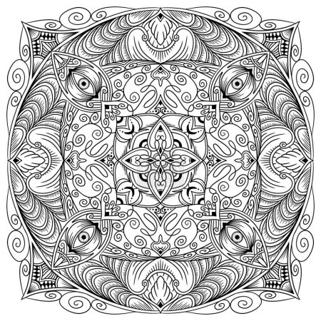 Traditional Mandala Pattern, Black Line Geometric Design