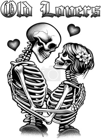 Skelett Paar umarmt und liebevoll. Skelette mit Herzen. Totenkopf-Liebhaber für Tattoo- und T-Shirt-Design
