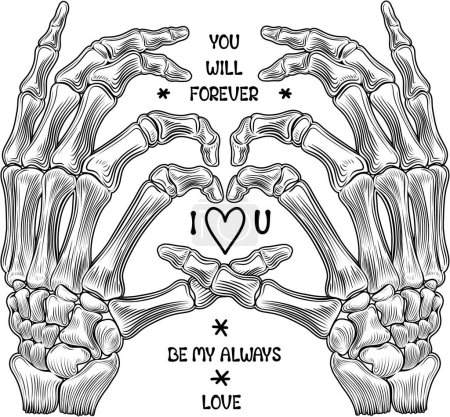 Skeleton hands with love words. Hand drawn black white illustration
