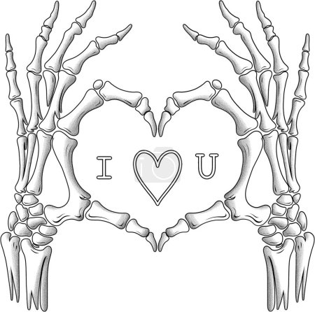 Skeleton hands making heart shape with i love you text
