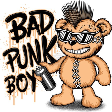 Cartoon bad punk boy bear puppe illustration auf weißem hintergrund