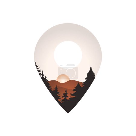 Illustration for Location icon inside sun, mountain and trees, hiking concept,. Icon isolated on white background. - Royalty Free Image
