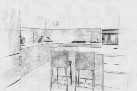 Téléchargez les photos : Pencil scetch of modern new kitchen in a luxurious apartment - en image libre de droit