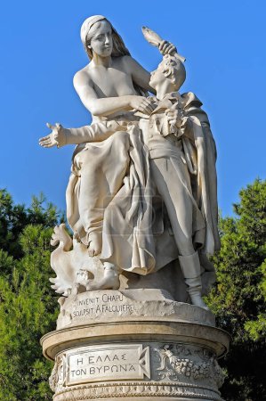 Greece crowned Lord Byron, Athens, Greece. In English top inscription means Designed by Chapu and sculptured by A. Falguiere and bottom one means From Greece to Byron