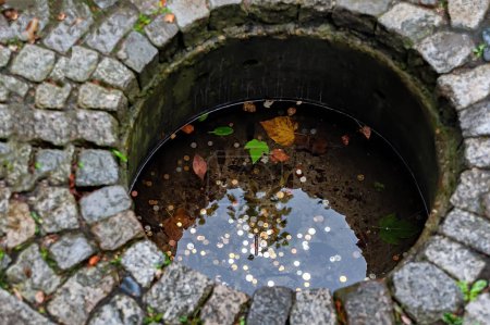 Téléchargez les photos : Un petit puits avec des pièces dans un jardin - en image libre de droit