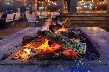 Téléchargez les photos : Foyer en rondins avec bois brûlé au restaurant - en image libre de droit
