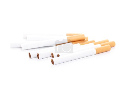Photo for Close up of a smoking cigarettes on white background, Cigarette, tobacco in roll paper with filter tube - Royalty Free Image