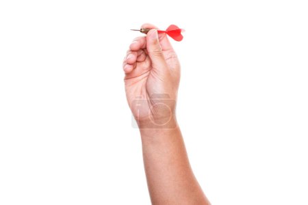 Foto de Mano sosteniendo dardo rojo aislado sobre fondo blanco - Imagen libre de derechos