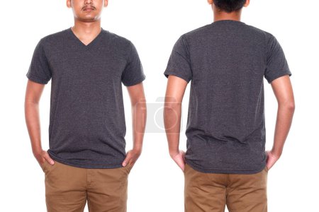 Photo for Man in blank gray t-shirt front and rear isolated on white background. Shirt design - Royalty Free Image