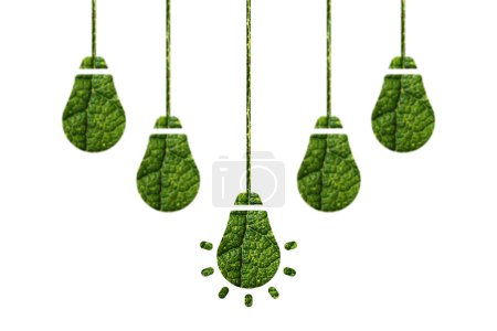 Concession des soins de santé. Énergie verte. Ampoules en feuilles vertes sur fond blanc. Visuels climatiques durables