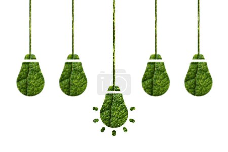 Concession des soins de santé. Énergie verte. Ampoules en feuilles vertes sur fond blanc. Visuels climatiques durables