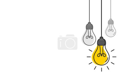 Illustration for Hanging light bulbs with one glowing on white background. Concept of idea - Royalty Free Image