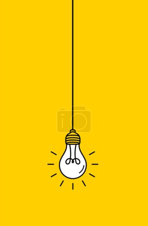 Téléchargez les illustrations : Ampoules suspendues rayonnant sur fond jaune. Concept d'idée - en licence libre de droit