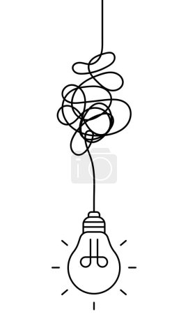 Light bulb on tangled electric wire on white background