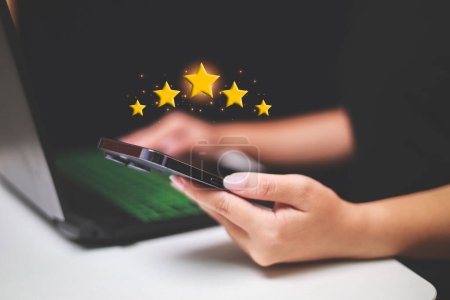 Customer pressing satisfaction with gold five star rating feedback icon and press level excellent rank for giving best score point to review the service , experience success business rate  concept.