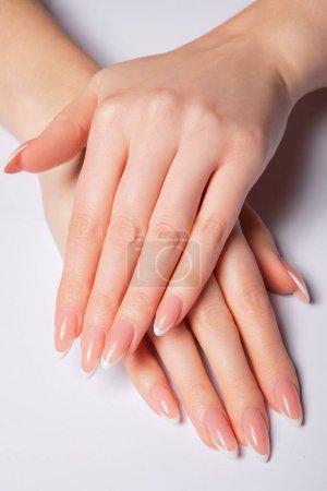 Téléchargez les photos : Mains aux ongles longs avec manucure française tenant des coquillages. Photo de haute qualité - en image libre de droit