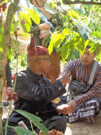 Foto de El anciano hace un ritual para manten kopi (matrimonio de café). El matrimonio del café es la ceremonia para cosechar café - Imagen libre de derechos