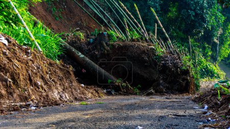 Foto de La tierra en la colina se derrumbó y cubrió la carretera - Imagen libre de derechos