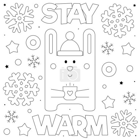 Stay warm. Coloring page. Black and white vector illustration of a rabbit with a cup