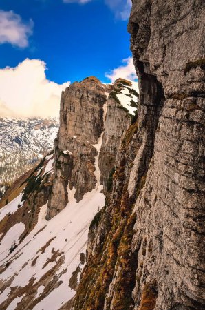 Photo for Mountain landscape in Austrian Alps. View from Loser peak over steep rocky wall, Dead Mountains (Totes Gebirge) in Austria. - Royalty Free Image