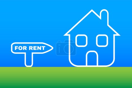 Illustration for Conceptual illustration related with the rent of home. New white house and for rent text. - Royalty Free Image