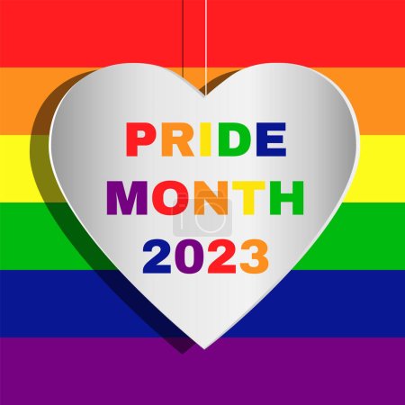 Illustration for June pride month 2023 concept. Hanging white heart with Pride Month 2023 on a rainbow background in vector illustration. - Royalty Free Image