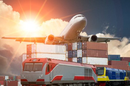 Concepto ferroviario y de transporte aéreo. tren de mercancías avión de carga