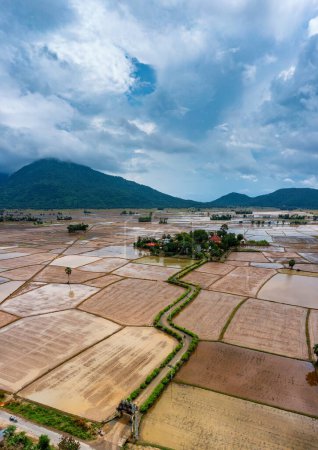Foto de Pagoda jemer entre campos de arroz en An Giang desde la vista aérea - Imagen libre de derechos