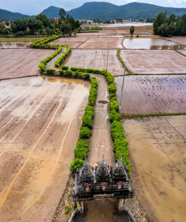Foto de Pagoda jemer entre campos de arroz en An Giang desde la vista aérea - Imagen libre de derechos