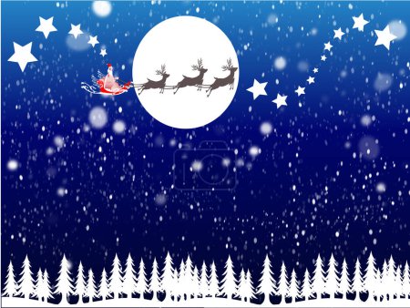 Photo for Merry Christmas background in blue sky Santa Claus carrying gift in reindeer sladge in front of fullMoon snow flakes over pine forest trees. 2023. - Royalty Free Image