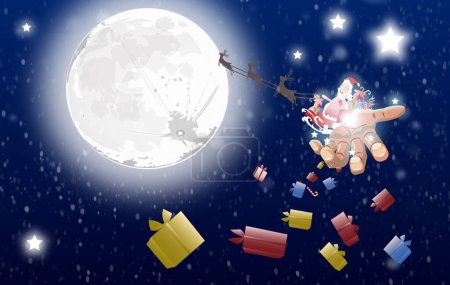 Photo for Merry Christmas background in blue sky magic hand  giving gifts in front of full Moon snow flakes over pine forest trees. 2023. - Royalty Free Image