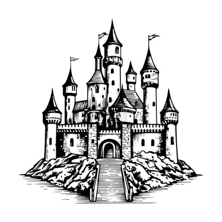 Ilustración de un castillo en estilo grabado. Vector.