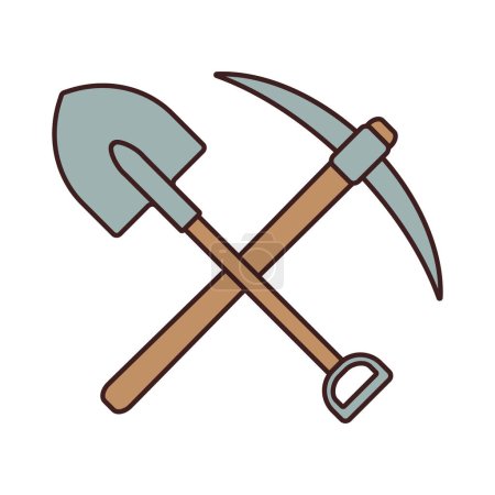 Crossed shovel and pickaxe in line and fill style.