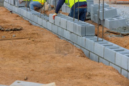 Photo for An employee of bricklaying construction company putting down another row cement blocks on ground - Royalty Free Image