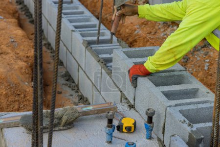 Téléchargez les photos : Ouvrier de la construction posant une autre rangée de blocs de ciment sur le sol par maçon - en image libre de droit