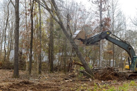 Worker is utilizing excavator to clear forest area for house foundation.