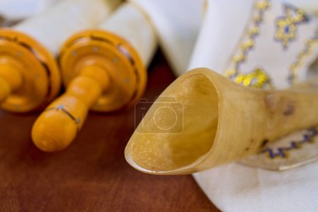 Photo for Jewish religious holyday symbols Torah parchment scroll in synagogue to Jew festivals - Royalty Free Image