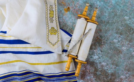 Photo for Synagogue with torah scroll, pray shawl tallit integral symbols in jewish religious holyday festivals - Royalty Free Image