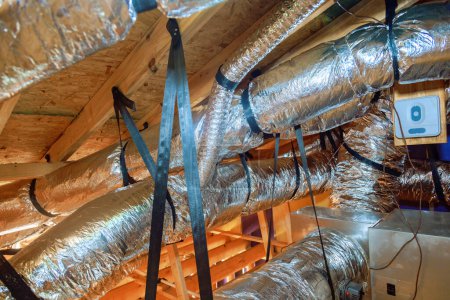 Installation of HVAC equipment for new home, along with ventilation system of metal duct pipelines