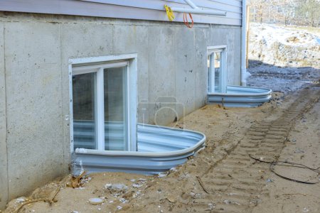 Foto de Añadiendo ventana bien al sótano de casa nueva en construcción - Imagen libre de derechos