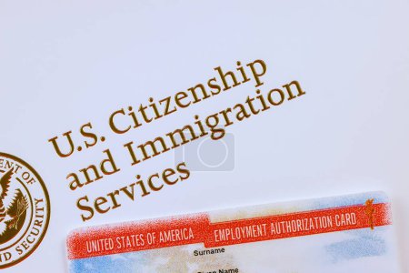 Photo for Employment Authorization card is American Immigrant work documents Department of homeland Security United States Citizenship and Immigration Services - Royalty Free Image