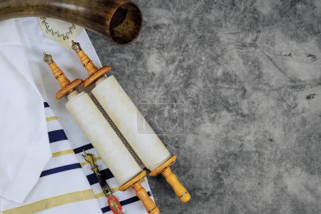 Photo for Orthodox Jewish holidays symbols prayer shawls, prayer scrolls torah, shofar - Royalty Free Image