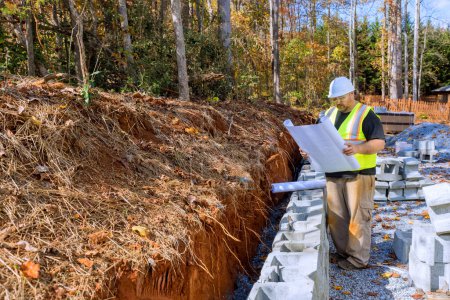 In mounting retaining wall by cement blocks, construction workers study blueprint plan